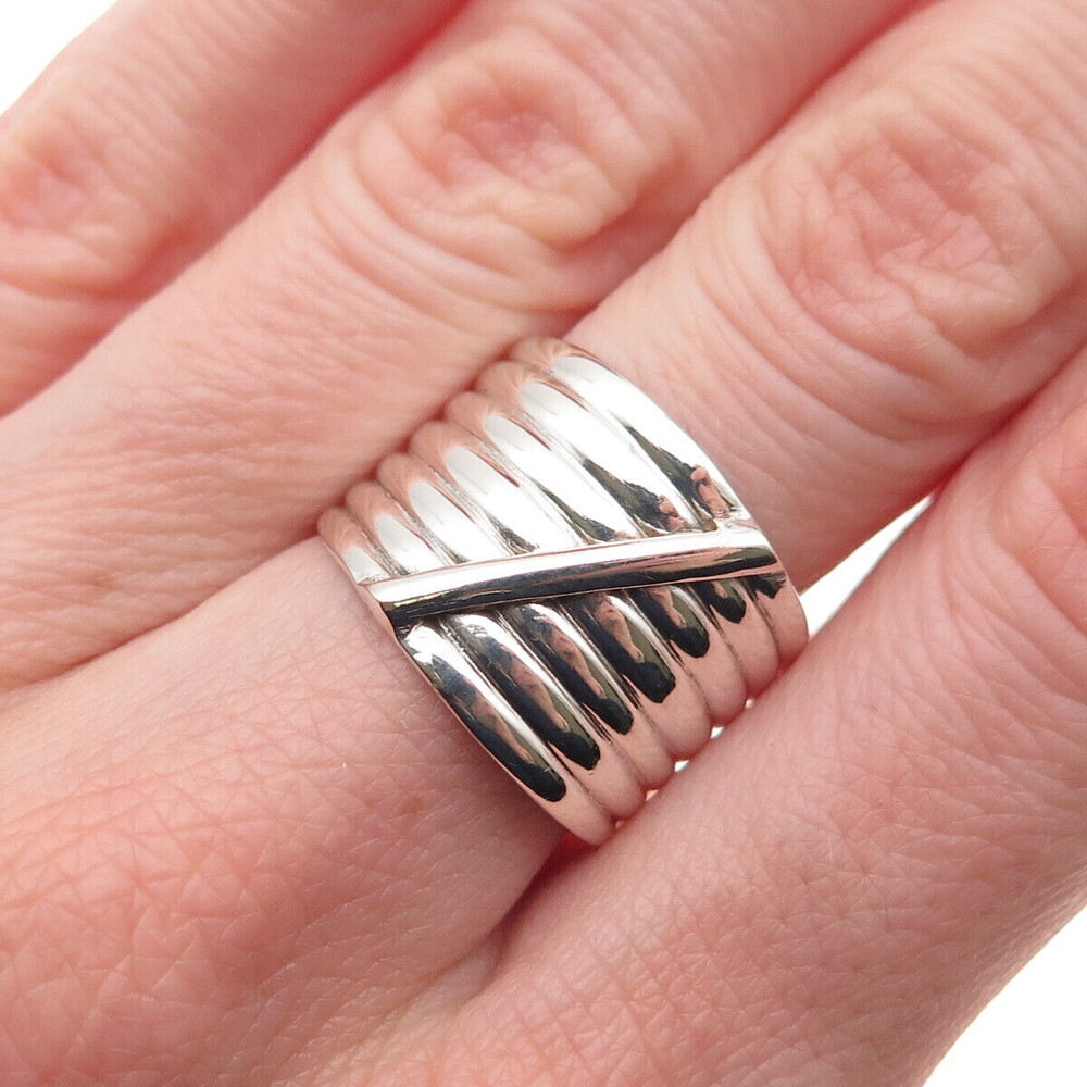 Leon 925 Sterling Silver Vintage Modernist Ribbed Adjustable Ring Size 7.25